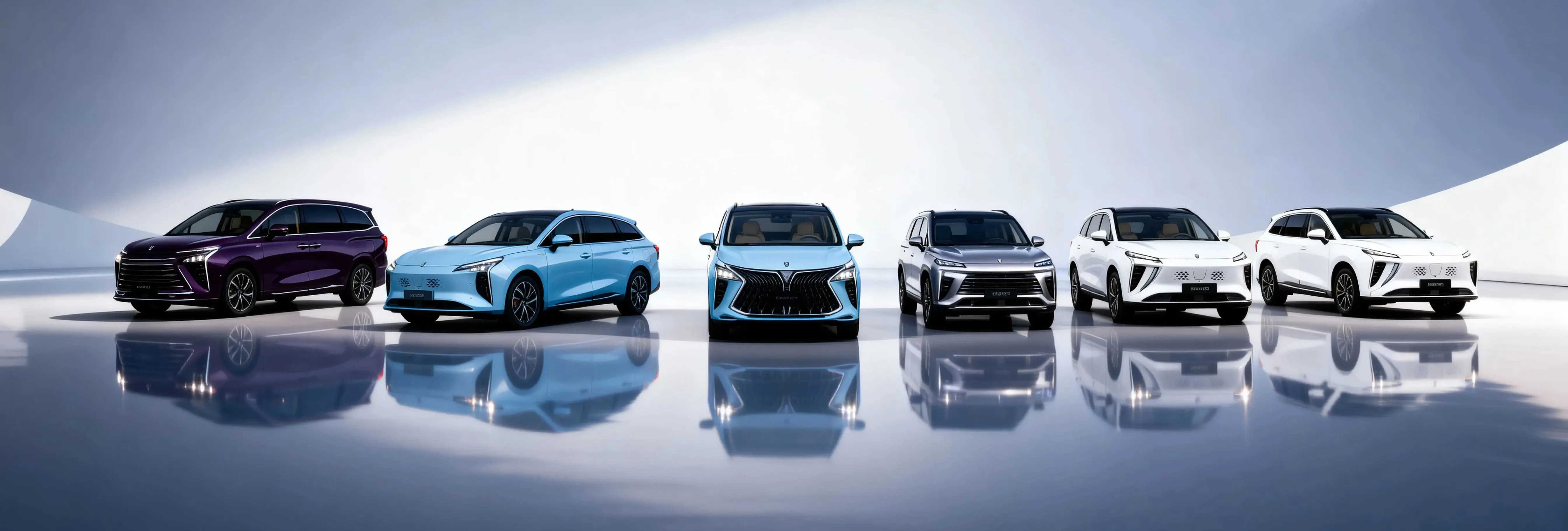 Forthing vehicles lineup against mountain landscape